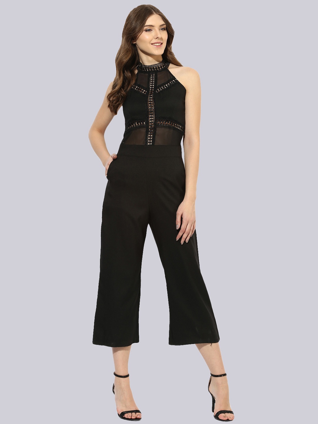 

KLEIO Black Halter Neck Basic Jumpsuit with Lace Inserts