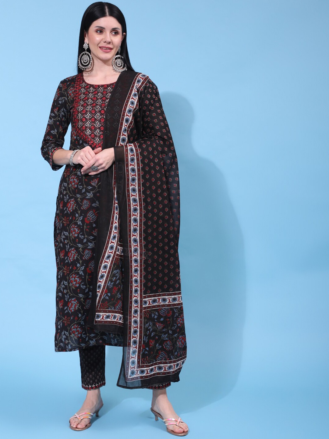 

GULMOHAR JAIPUR Women Floral Printed Pure Cotton Kurta with Trousers & With Dupatta, Black