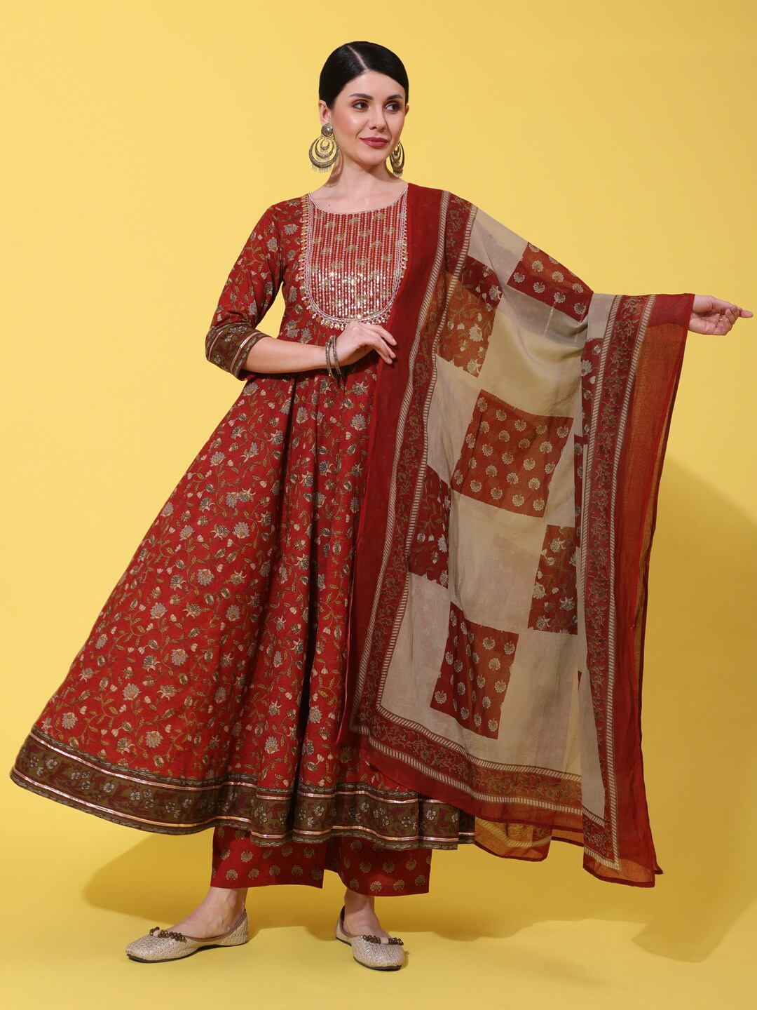 

GULMOHAR JAIPUR Women Embroidered Pure Cotton Kurta with Palazzos & Dupatta, Maroon