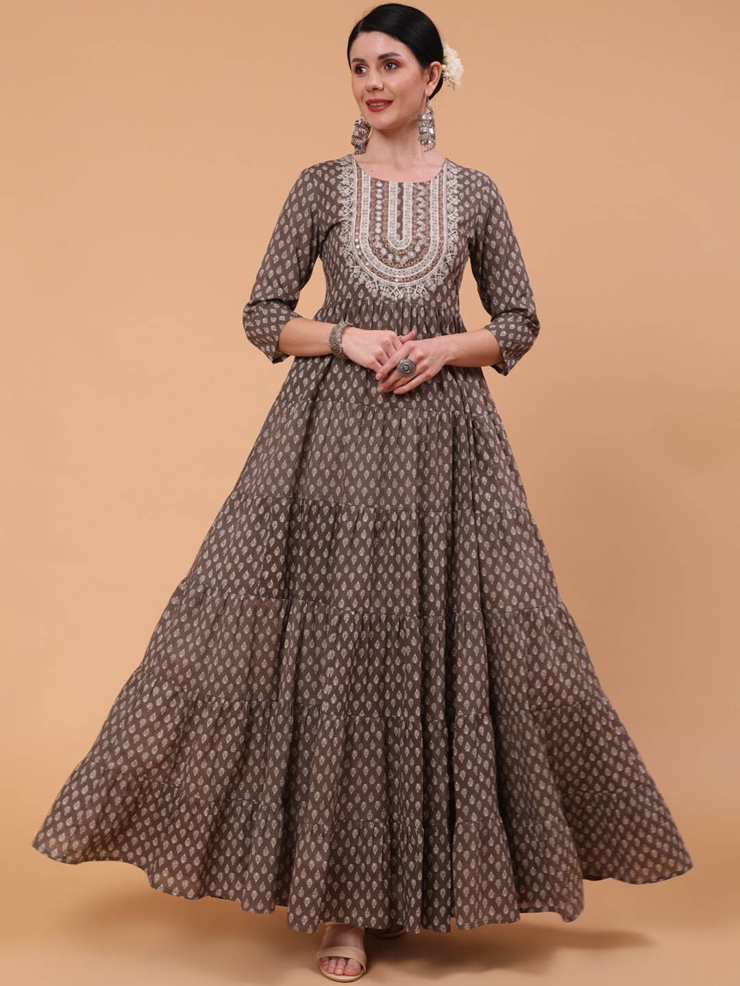 

GULMOHAR JAIPUR Ethnic Motifs Printed Mirror Work Cotton Anarkali Kurta, Brown