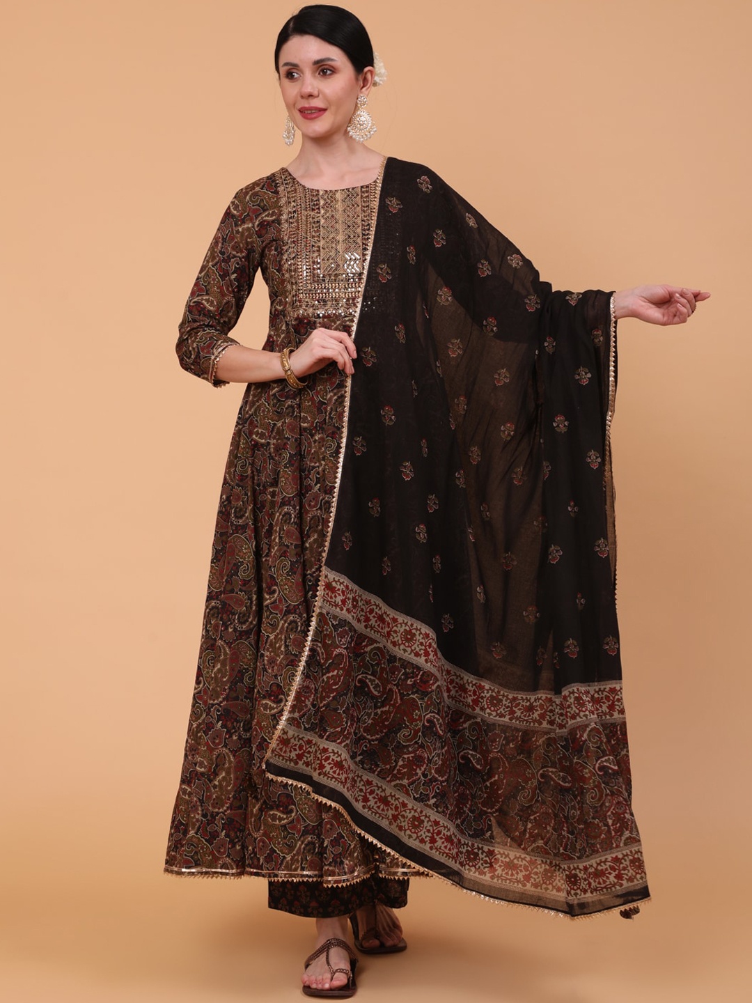 

GULMOHAR JAIPUR Women Printed Sequinned Pure Cotton Kurta with Trousers & Dupatta, Black
