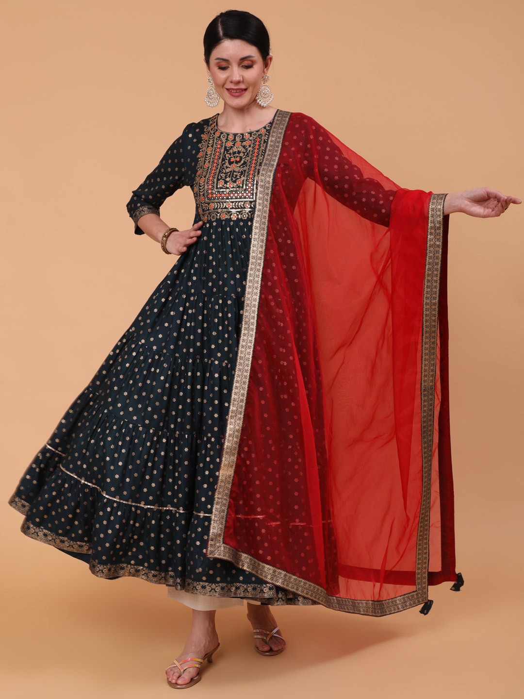 

GULMOHAR JAIPUR Ethnic Motifs Printed Mirror Work Anarkali Tiered Kurta With Dupatta, Navy blue