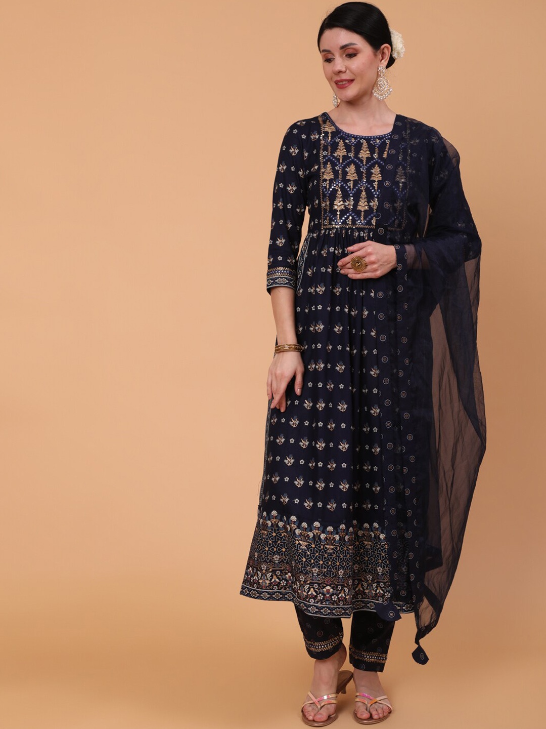 

GULMOHAR JAIPUR Women Floral Printed Kurta with Trousers & With Dupatta, Navy blue