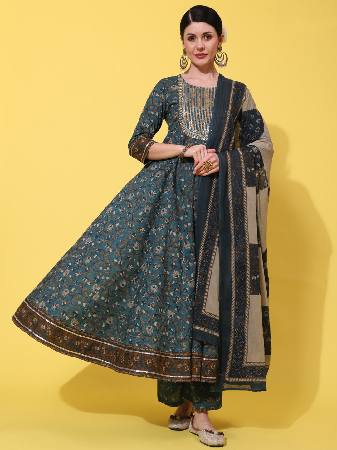 

GULMOHAR JAIPUR Women Floral Sequinned Pure Cotton Kurta with Palazzos & Dupatta, Teal
