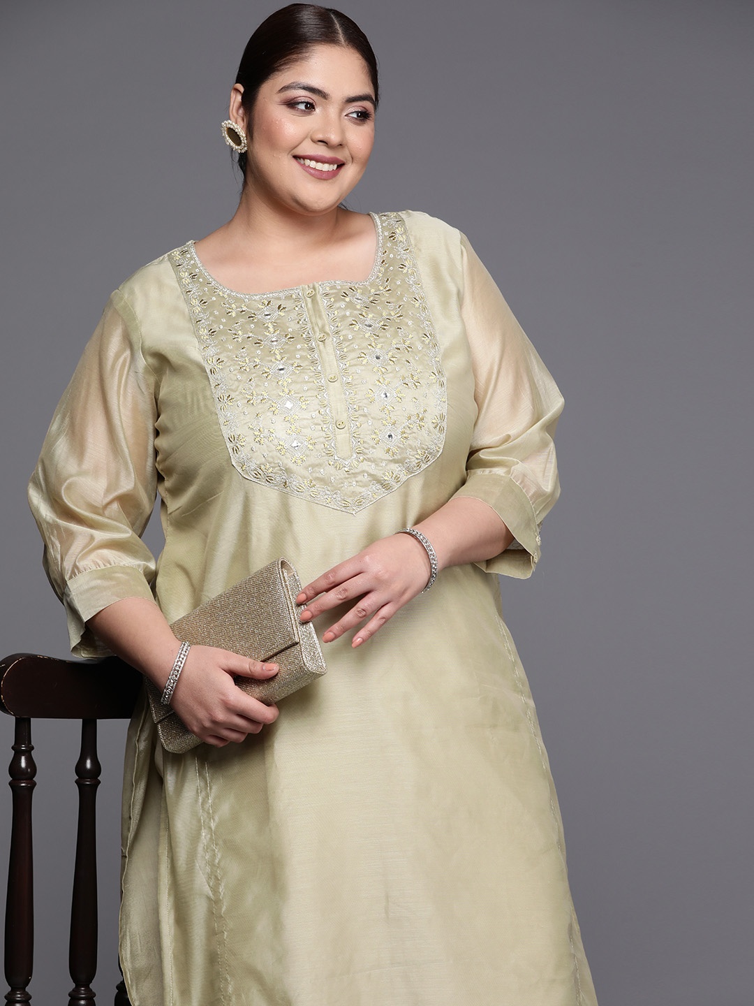

EXTRA LOVE BY LIBAS Women Plus Size Ethnic Motifs Embroidered Thread Work Kurta, Beige