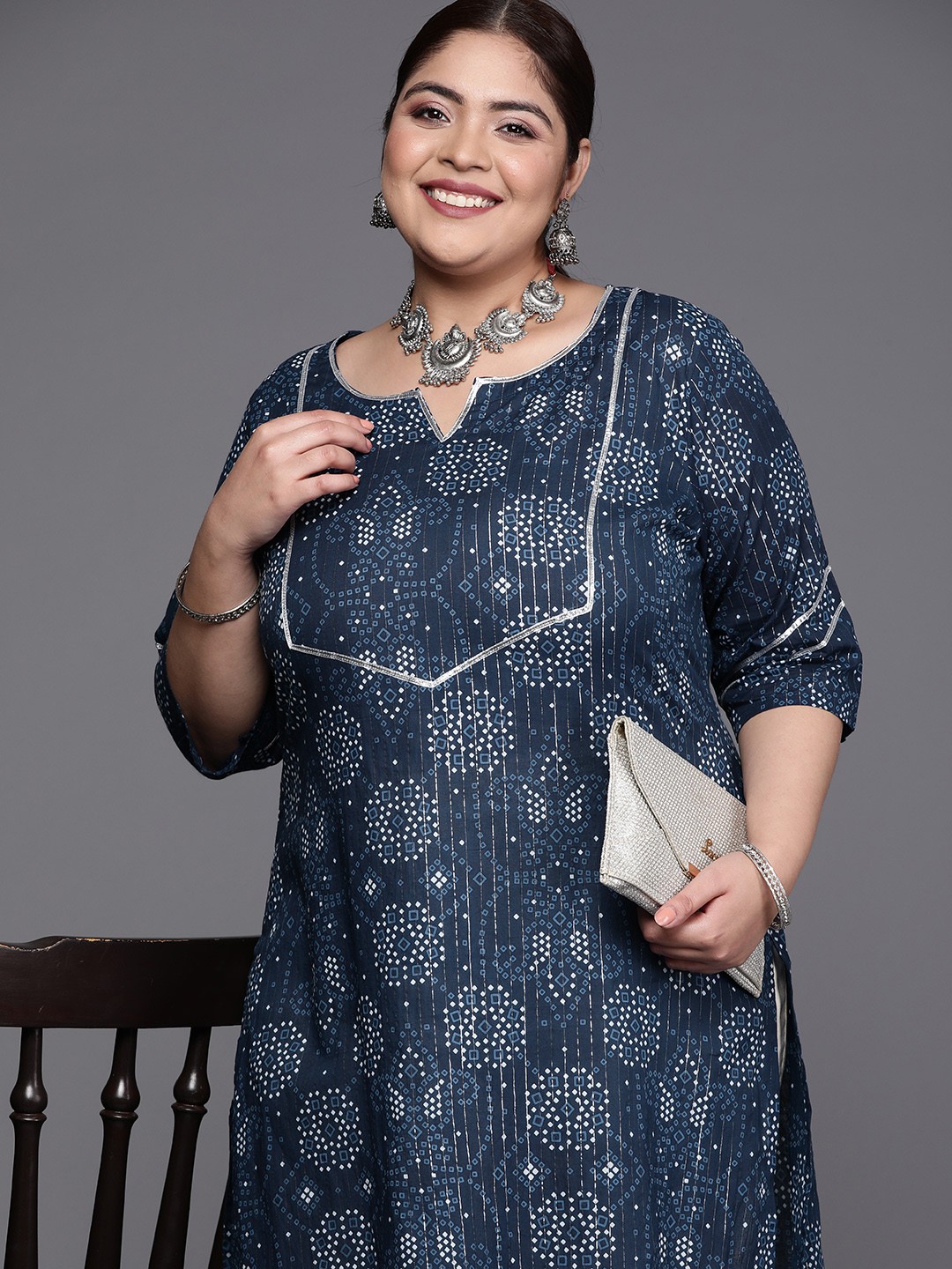 

EXTRA LOVE BY LIBAS Women Plus Size Bandhani Printed Gotta Patti Kurta, Blue