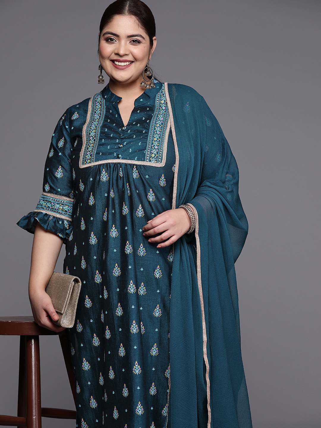 

EXTRA LOVE BY LIBAS Women Plus Size Printed Gotta Patti Kurta With Trousers & With Dupatta, Teal