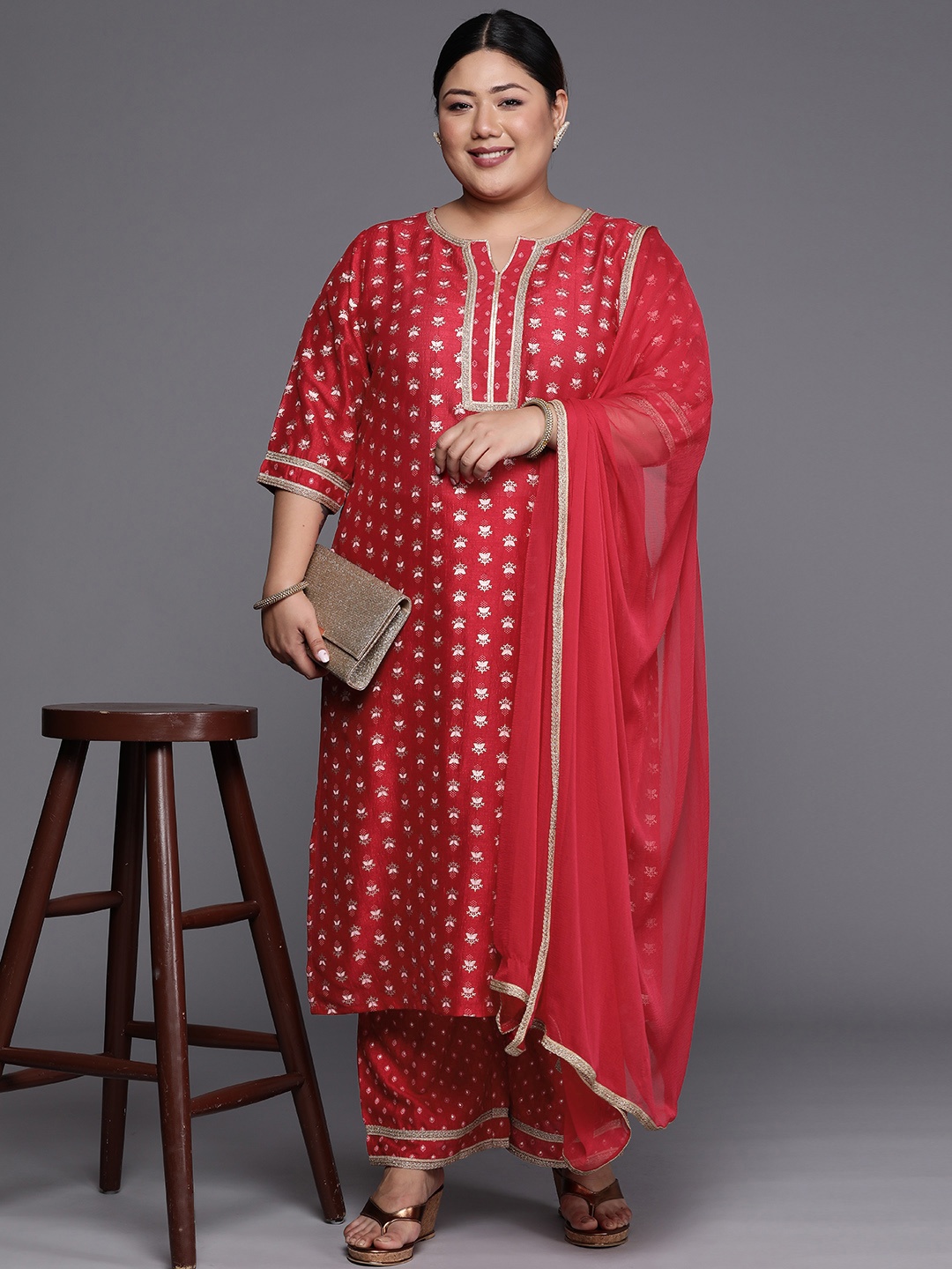 

EXTRA LOVE BY LIBAS Women Plus Size Printed Gotta Patti Kurta With Palazzos & With Dupatta, Pink