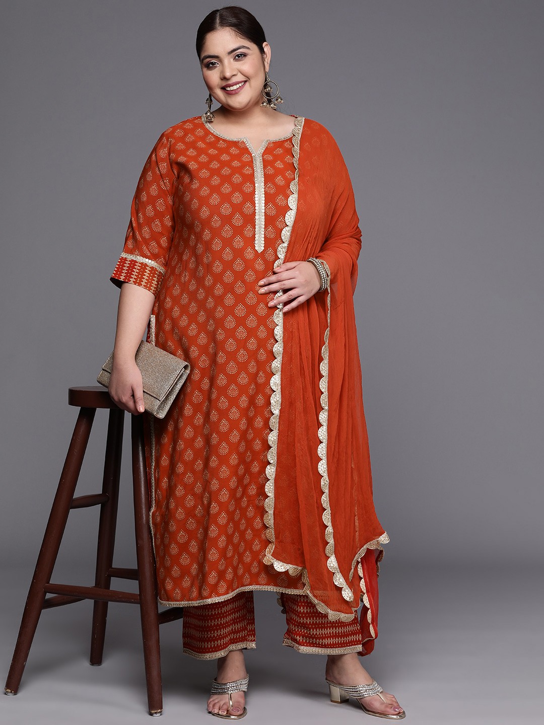 

EXTRA LOVE BY LIBAS Women Plus Size Printed Gotta Patti Kurta With Palazzos & With Dupatta, Orange