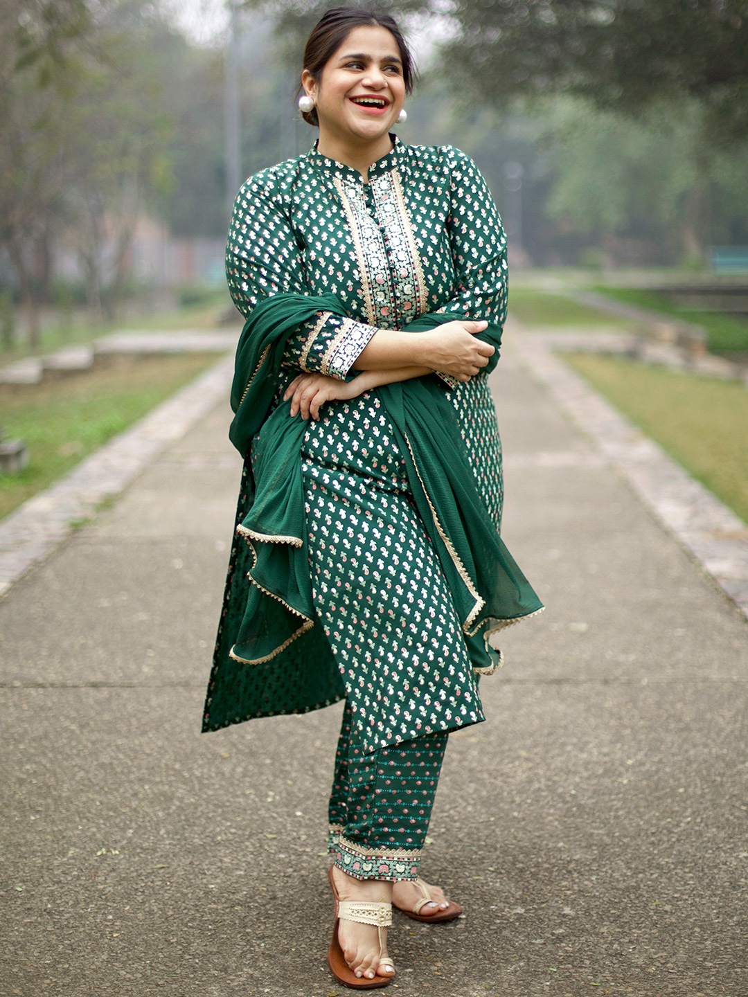 

EXTRA LOVE BY LIBAS Women Plus Size Ethnic Motifs Printed Kurta with Trousers & Dupatta, Green