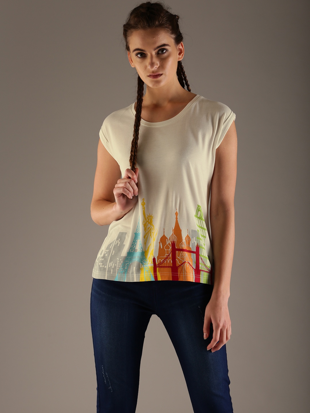 

Flying Machine Women Off-White Printed Round Neck T-shirt