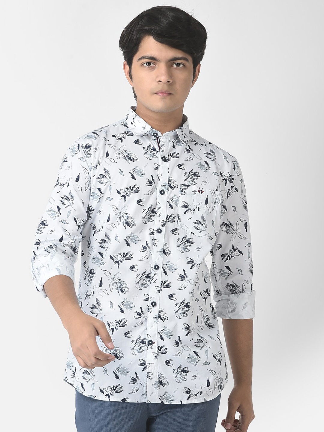 

Crimsoune Club Boys Slim Fit Floral Printed Cotton Casual Shirt, White