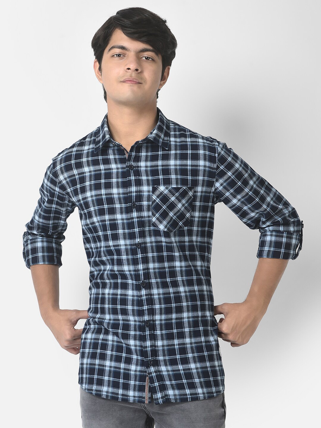 

Crimsoune Club Boys Slim Fit Tartan Checks Checked Cotton Casual Shirt, Navy blue