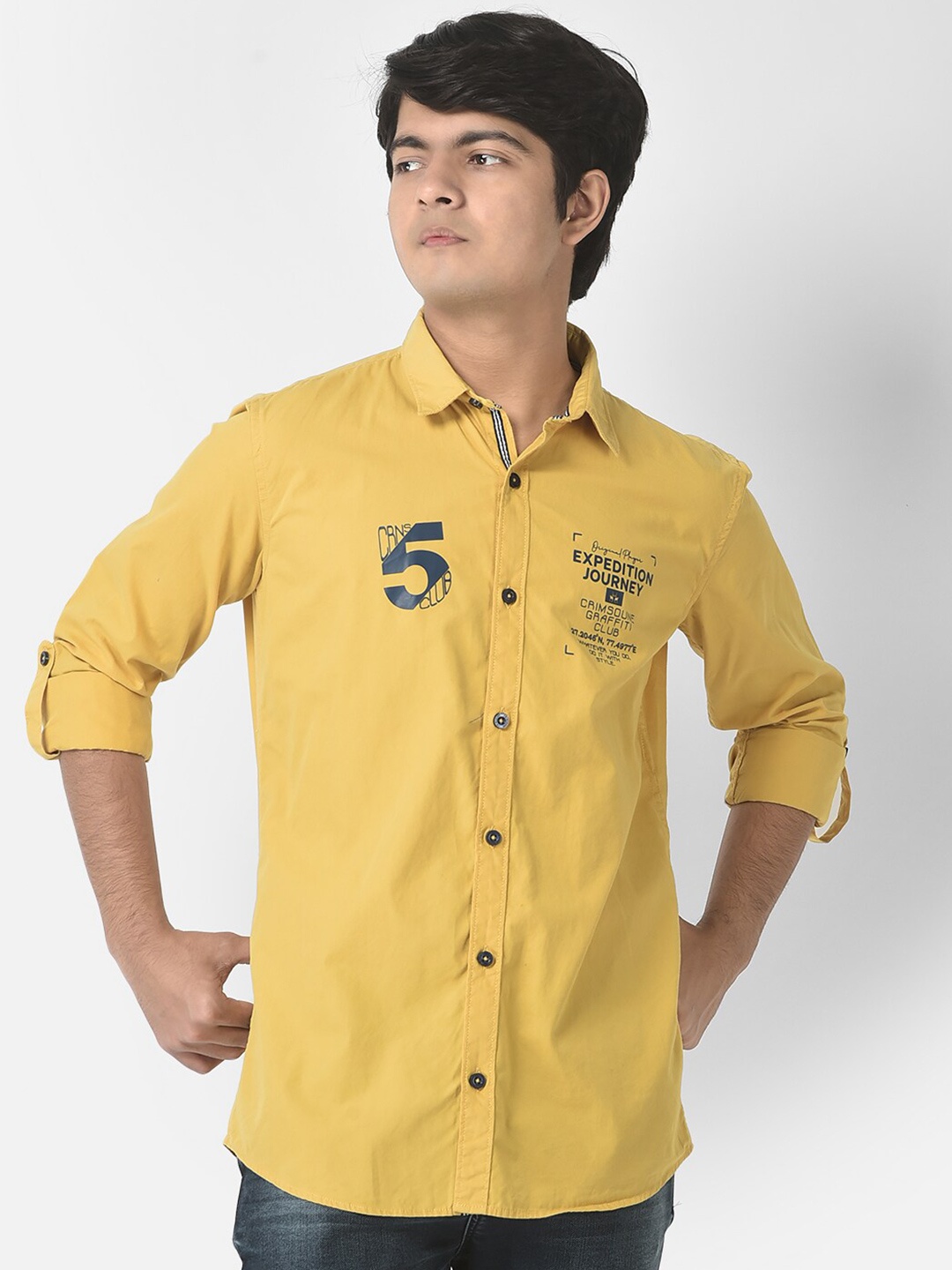 

Crimsoune Club Boys Slim Fit Printed Pure Cotton Casual Shirt, Mustard