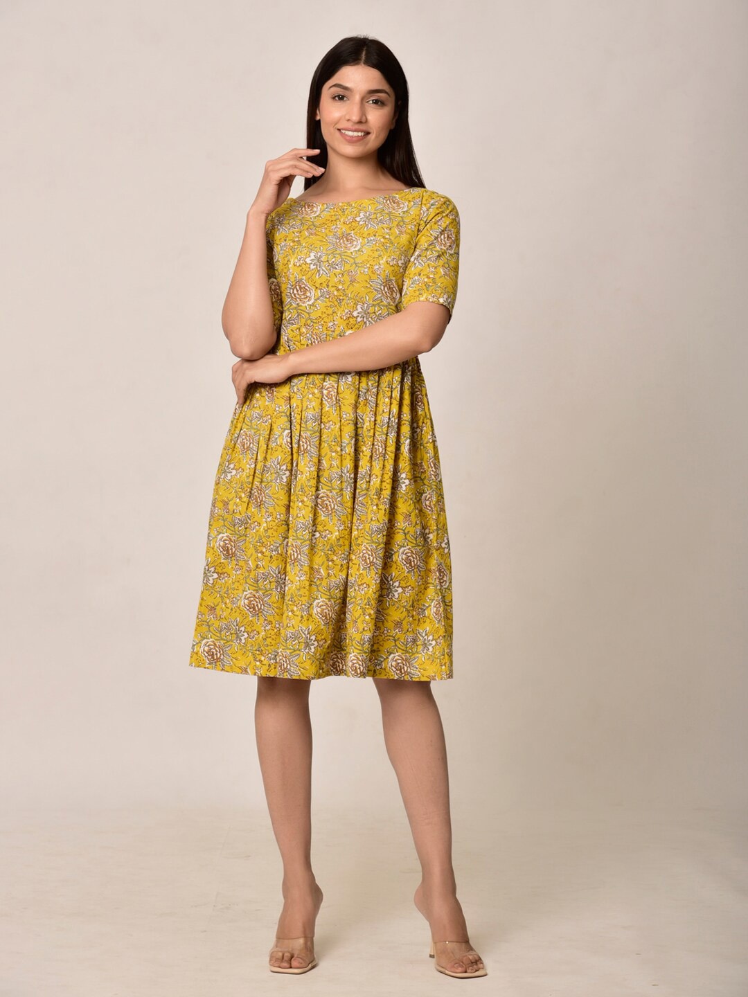 

Ikk Kudi by Seerat Floral Printed Round Neck Cotton Dress, Mustard