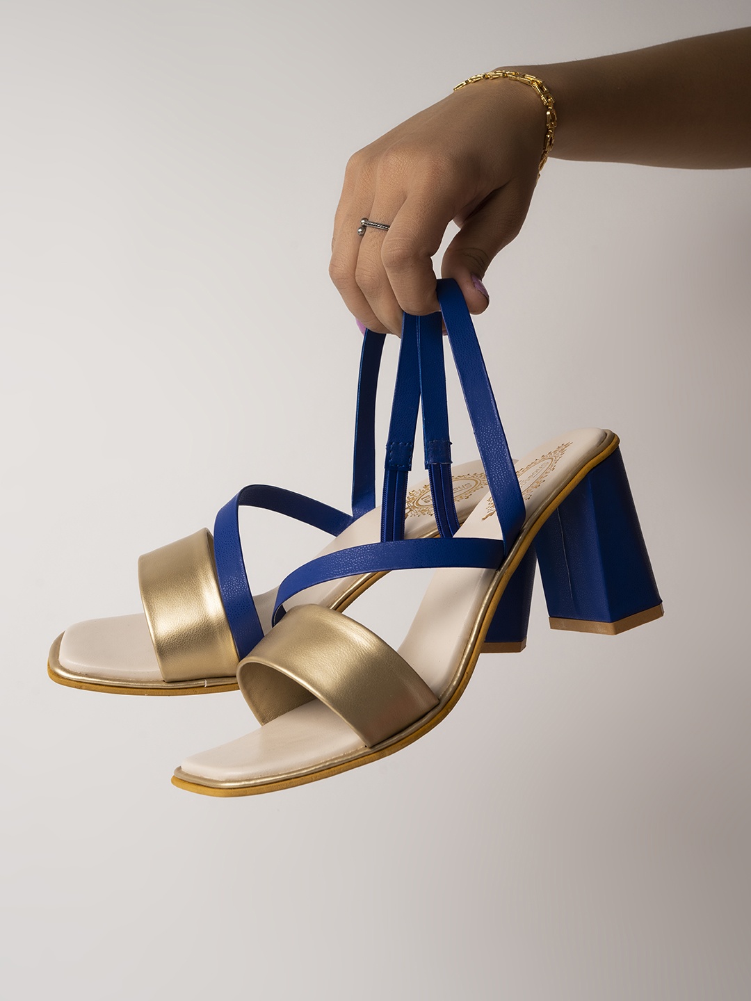 

Shoetopia Colorblocked Comfort Block Heels, Gold