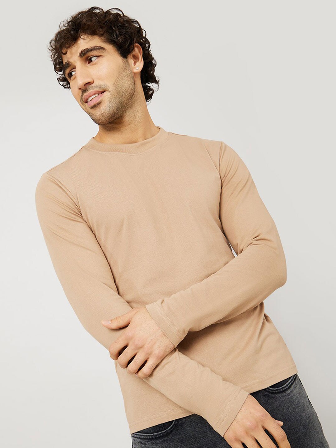 

Styli Pure Cotton Round Neck T-shirt, Beige