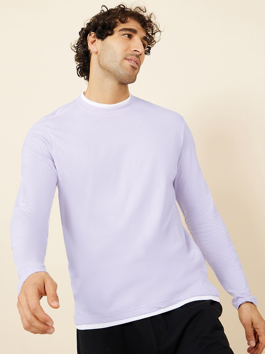 

Styli Cotton T-shirt with Contrast Neck And Hem, Purple