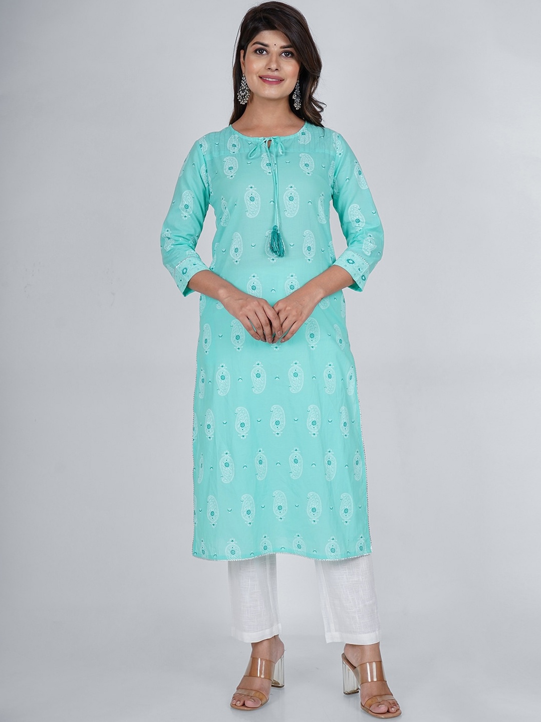 

DIVA WALK Ethnic Motifs Printed Gotta Patti Cotton Kurta, Sea green