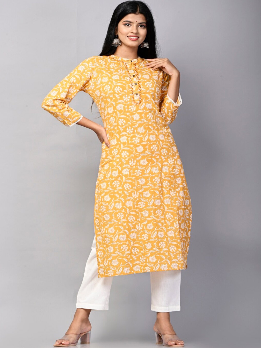 

DIVA WALK Women Floral Printed Cotton Kurta, Mustard