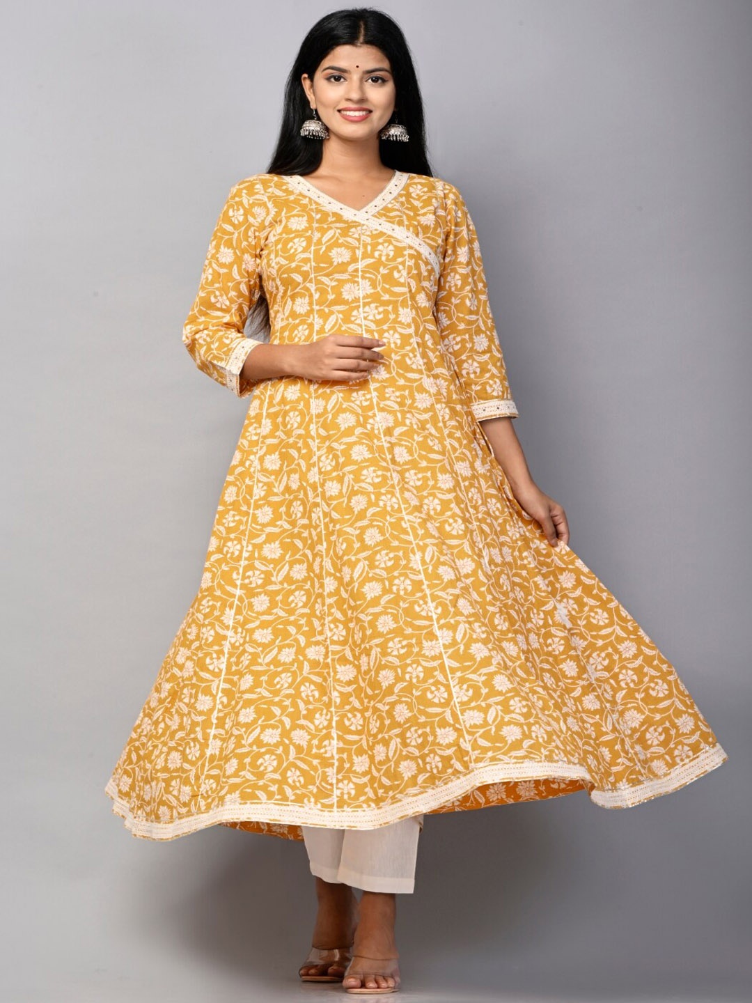 

DIVA WALK Women Floral Printed Anarkali Cotton Kurta, Mustard