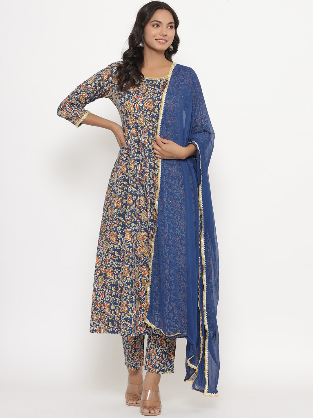

CRAFIQA Women Ethnic Motifs Printed Gotta Patti Pure Cotton Kurta with Trousers & Dupatta, Blue