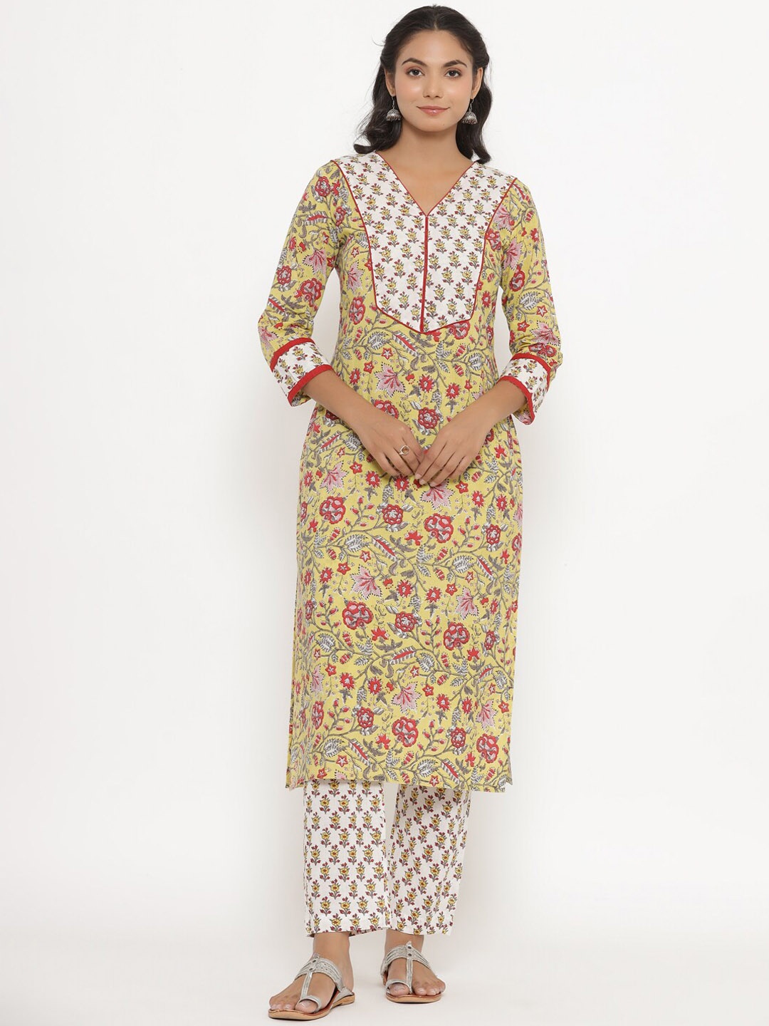 

CRAFIQA Women Floral Printed Pure Cotton Kurta with Trousers & Dupatta, Yellow