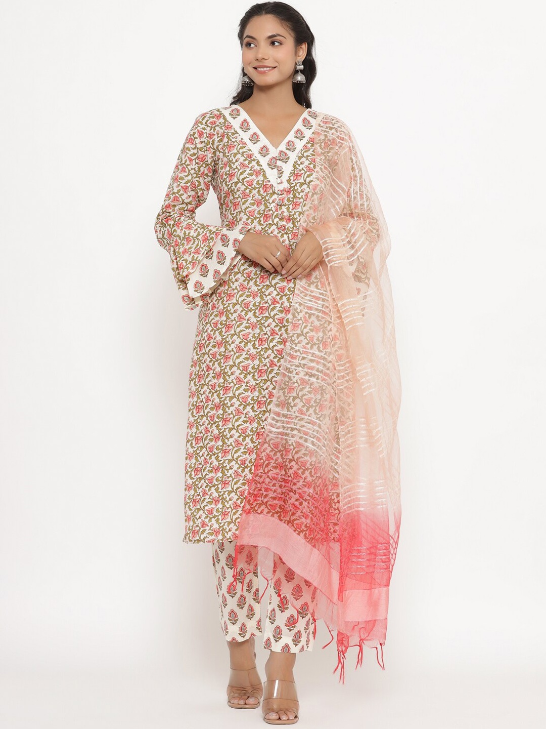 

CRAFIQA Women Floral Printed Pure Cotton Kurta with Trousers & Dupatta, Cream