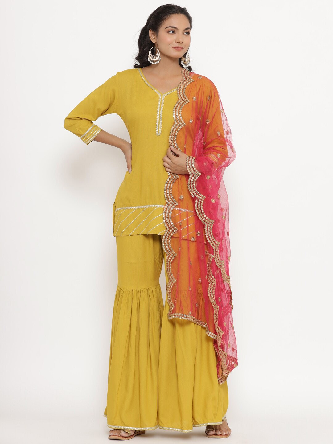 

CRAFIQA Women Gotta Patti Kurta with Sharara & Dupatta, Mustard