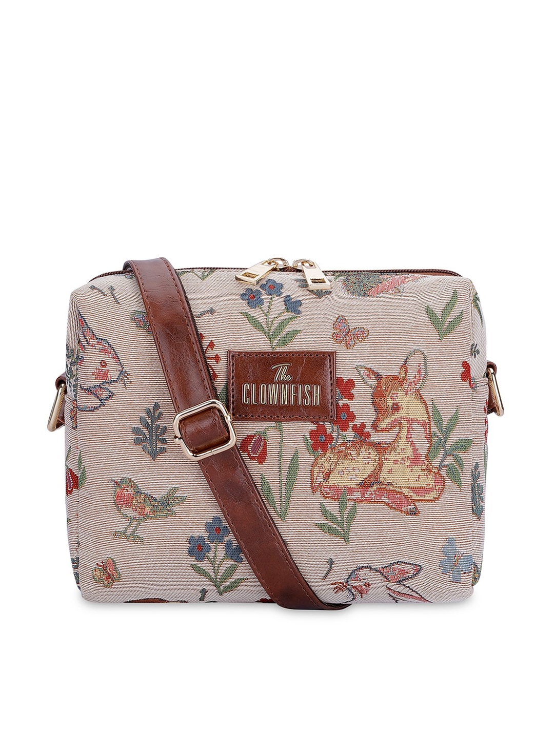 

THE CLOWNFISH Adelina Floral Structured Cotton Sling Bag, Cream