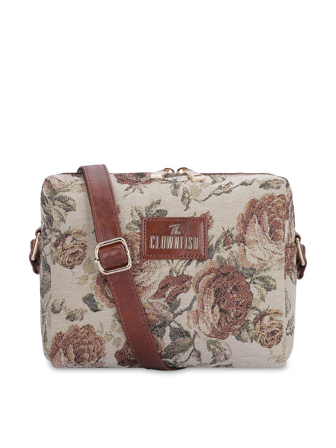 

THE CLOWNFISH Adelina Floral Printed Cotton Sling Bag Handbag, Beige