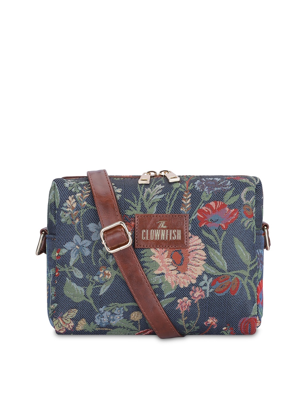 

THE CLOWNFISH Adelina Floral Printed Cotton Sling Bag Handbags, Navy blue