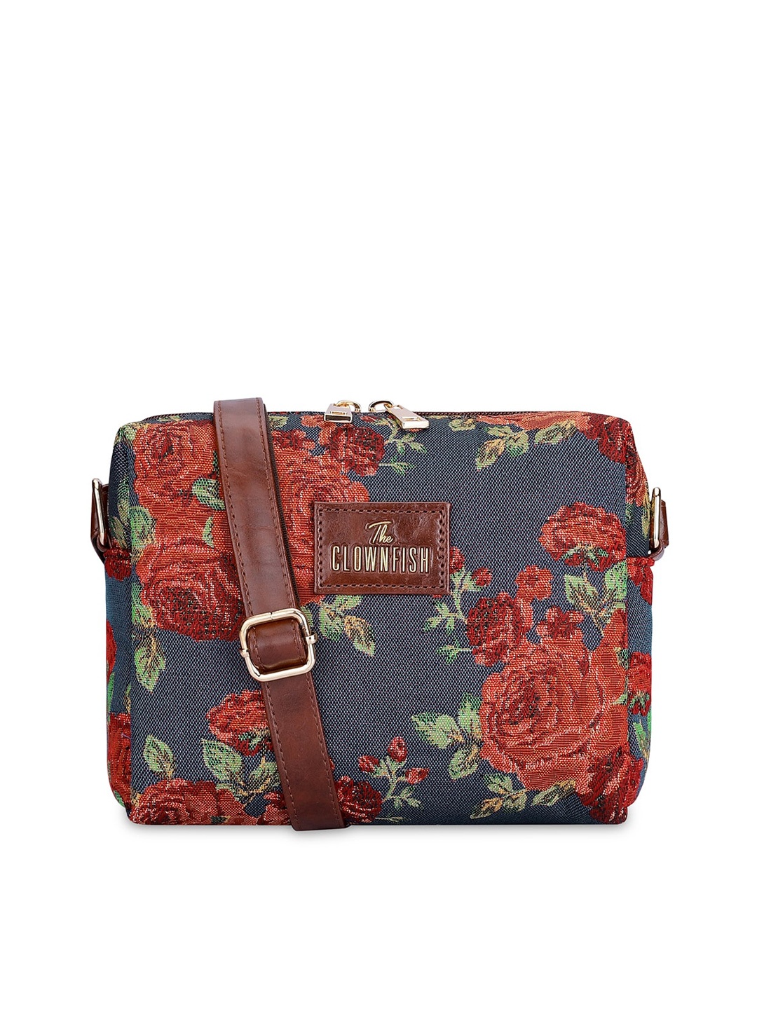 

THE CLOWNFISH Adelina Floral Printed Cotton Sling Bag Handbags, Navy blue