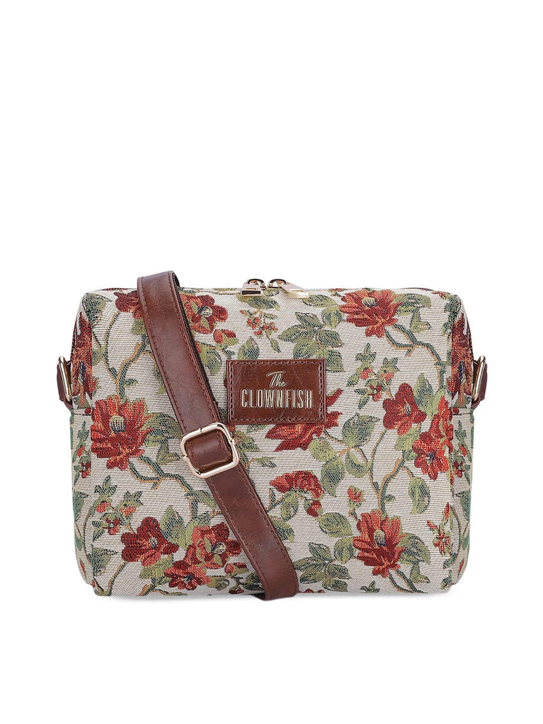 

THE CLOWNFISH Adelina Floral Printed Cotton Sling Bag, Beige