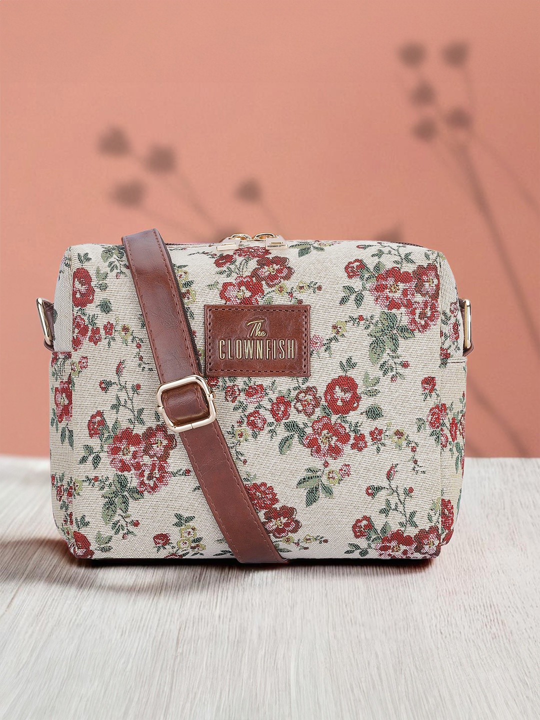 

THE CLOWNFISH Adelina Floral Printed Cotton Sling Bag Handbags, Beige