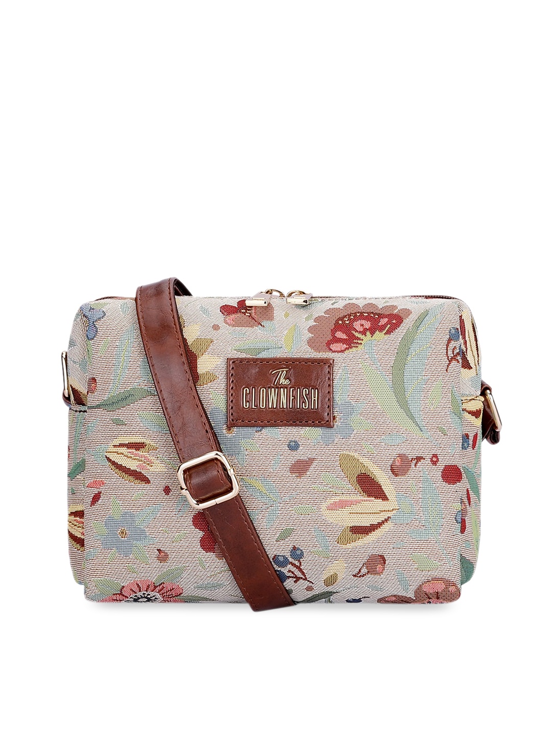 

THE CLOWNFISH Adelina Floral Printed Cotton Sling Bag Handbags, Beige