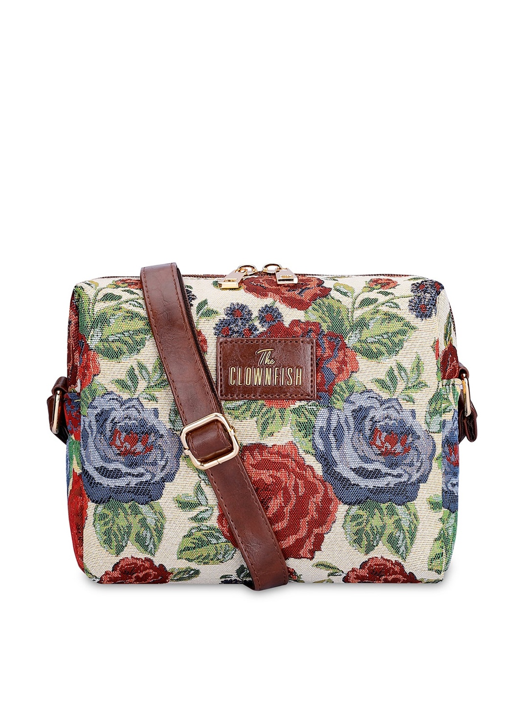 

THE CLOWNFISH Adelina Women Floral Printed Cotton Structured Sling Bag, Beige