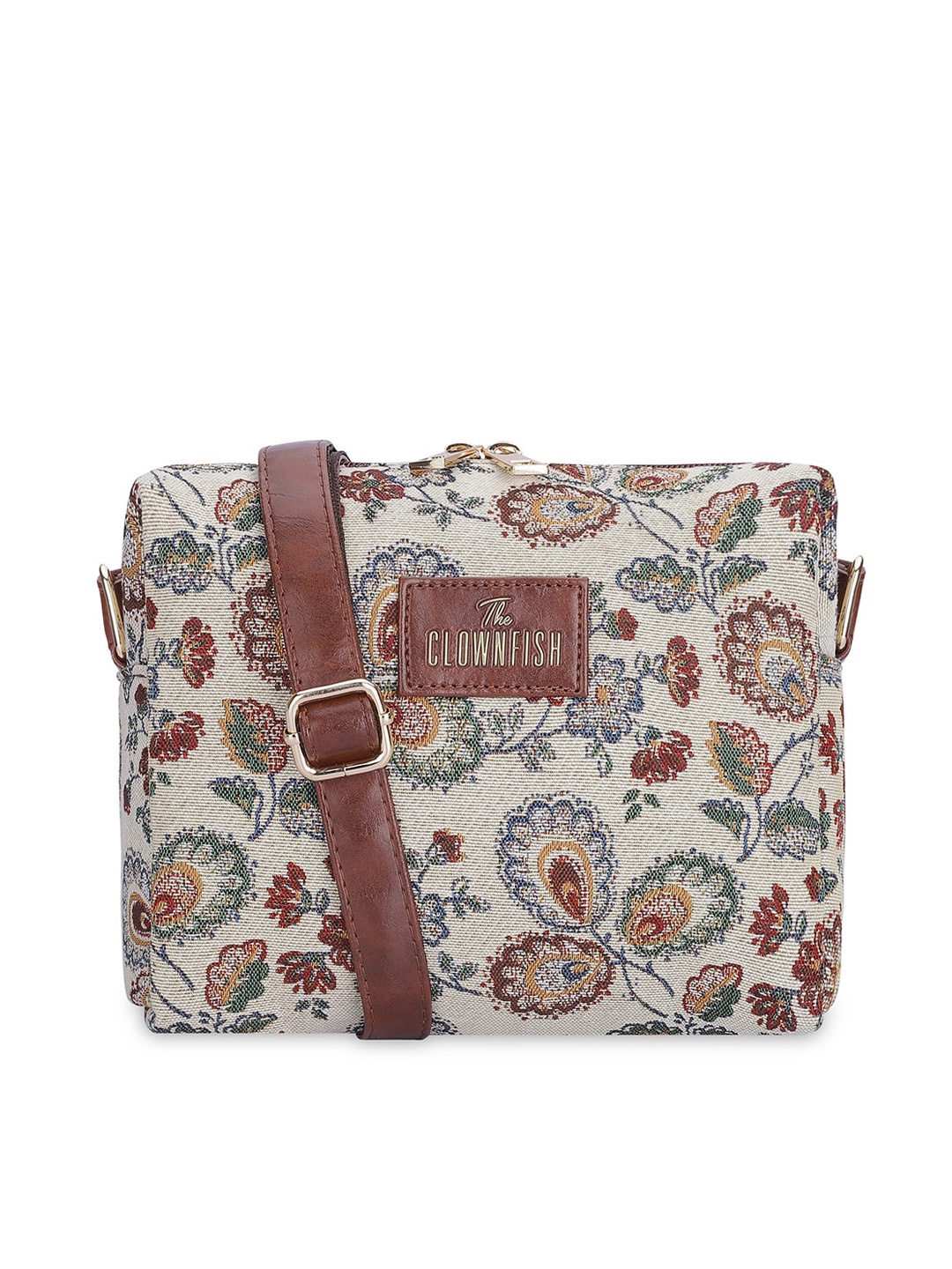 

THE CLOWNFISH Adelina Floral Printed Cotton Sling Bag, Beige