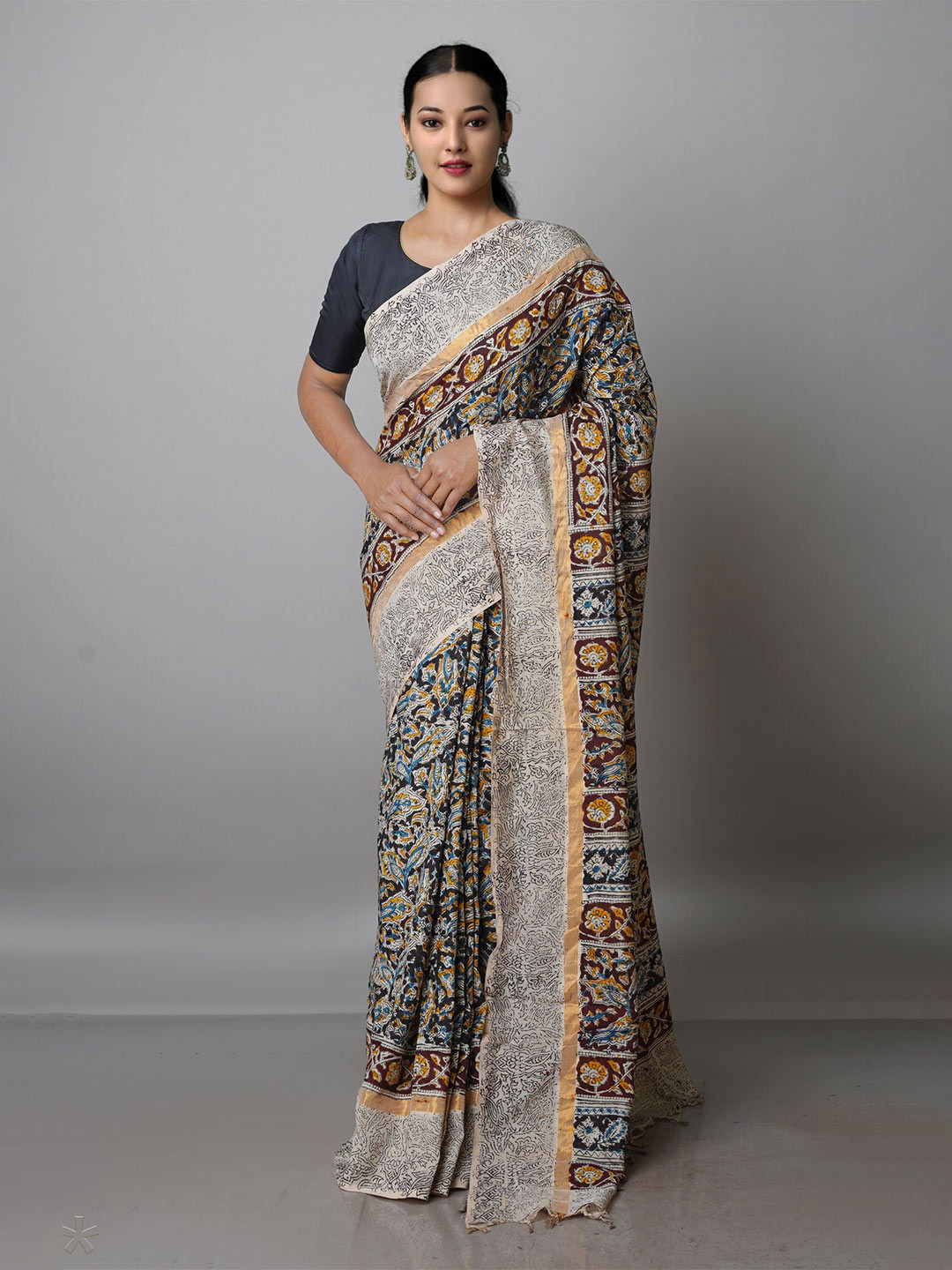 

Unnati Silks Kalamkari Zari Pure Silk Block Print Saree, White