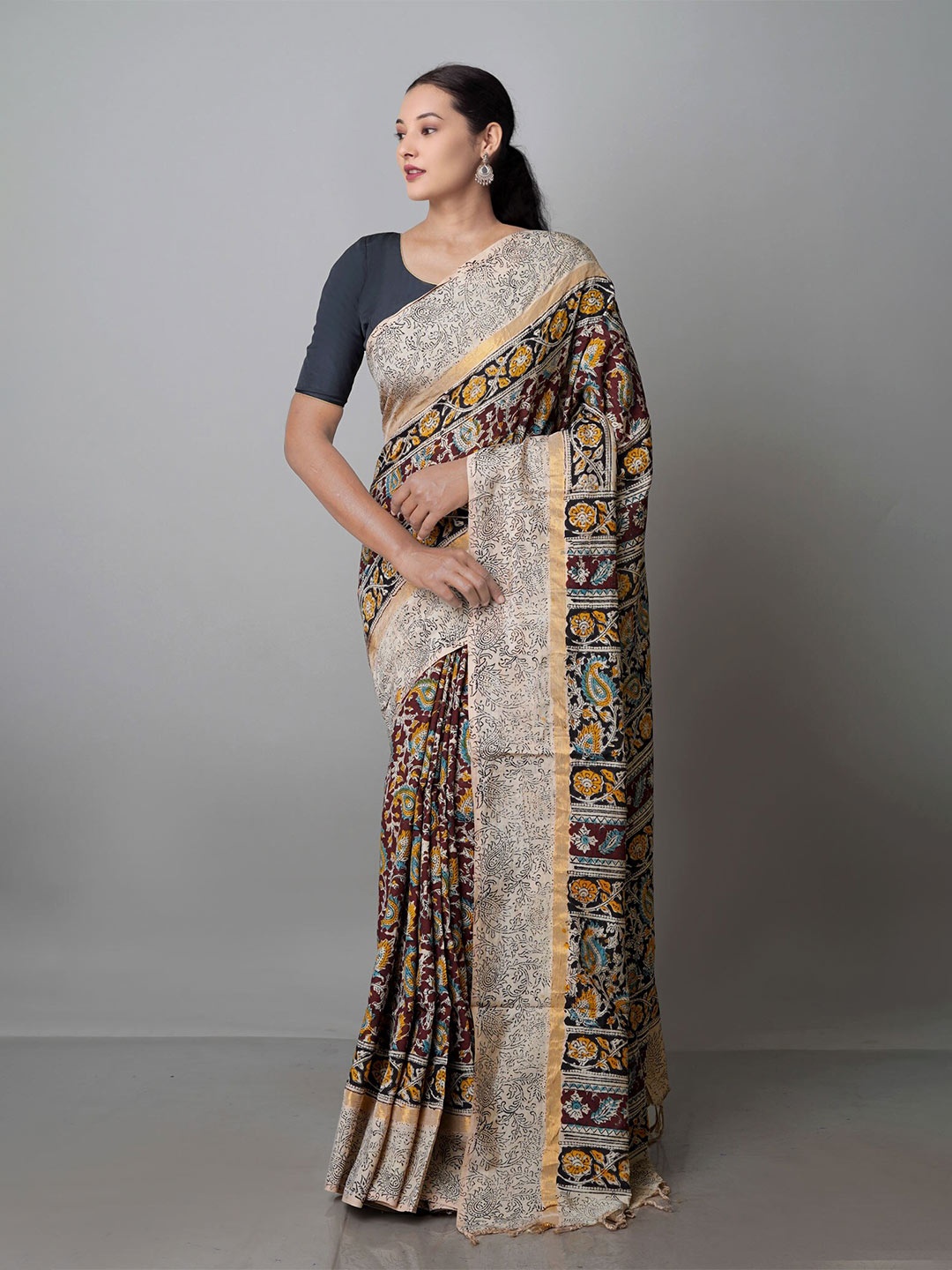 

Unnati Silks Kalamkari Zari Pure Silk Block Print Saree, White