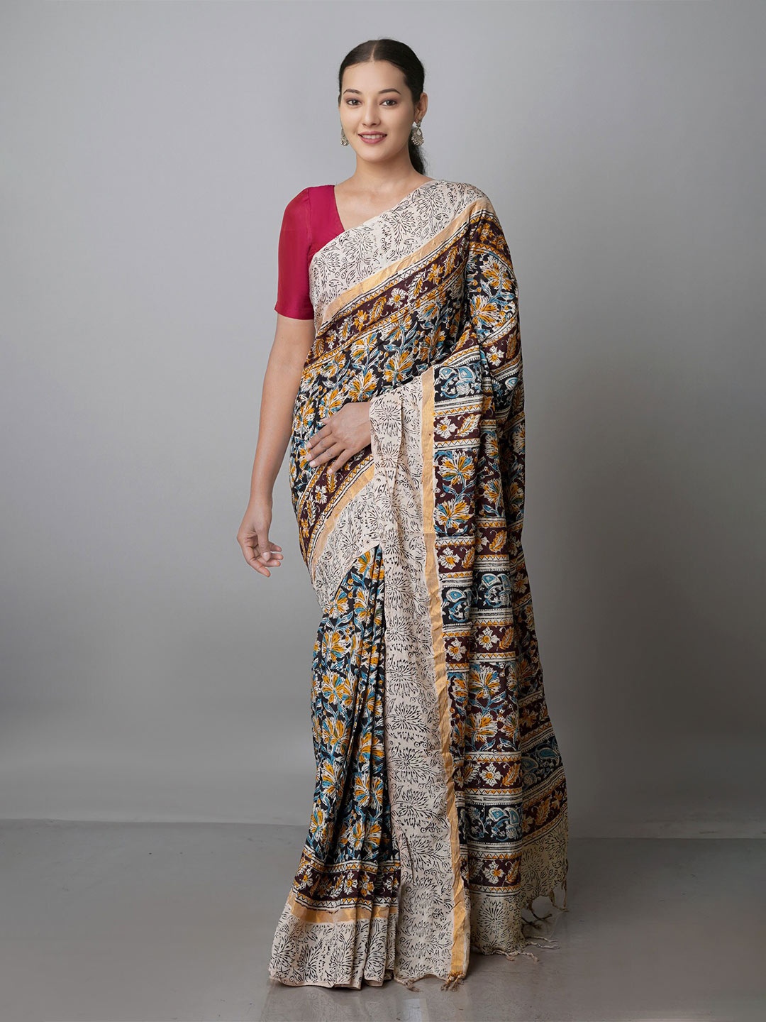 

Unnati Silks Kalamkari Zari Pure Silk Block Print Saree, White
