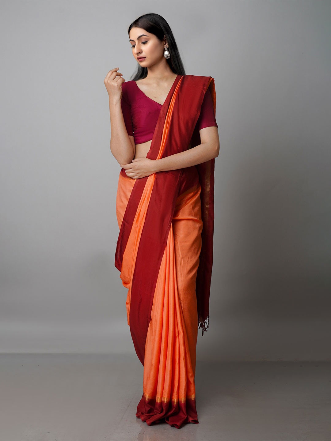 

Unnati Silks Zari Silk Blend Mangalagiri Saree, Orange