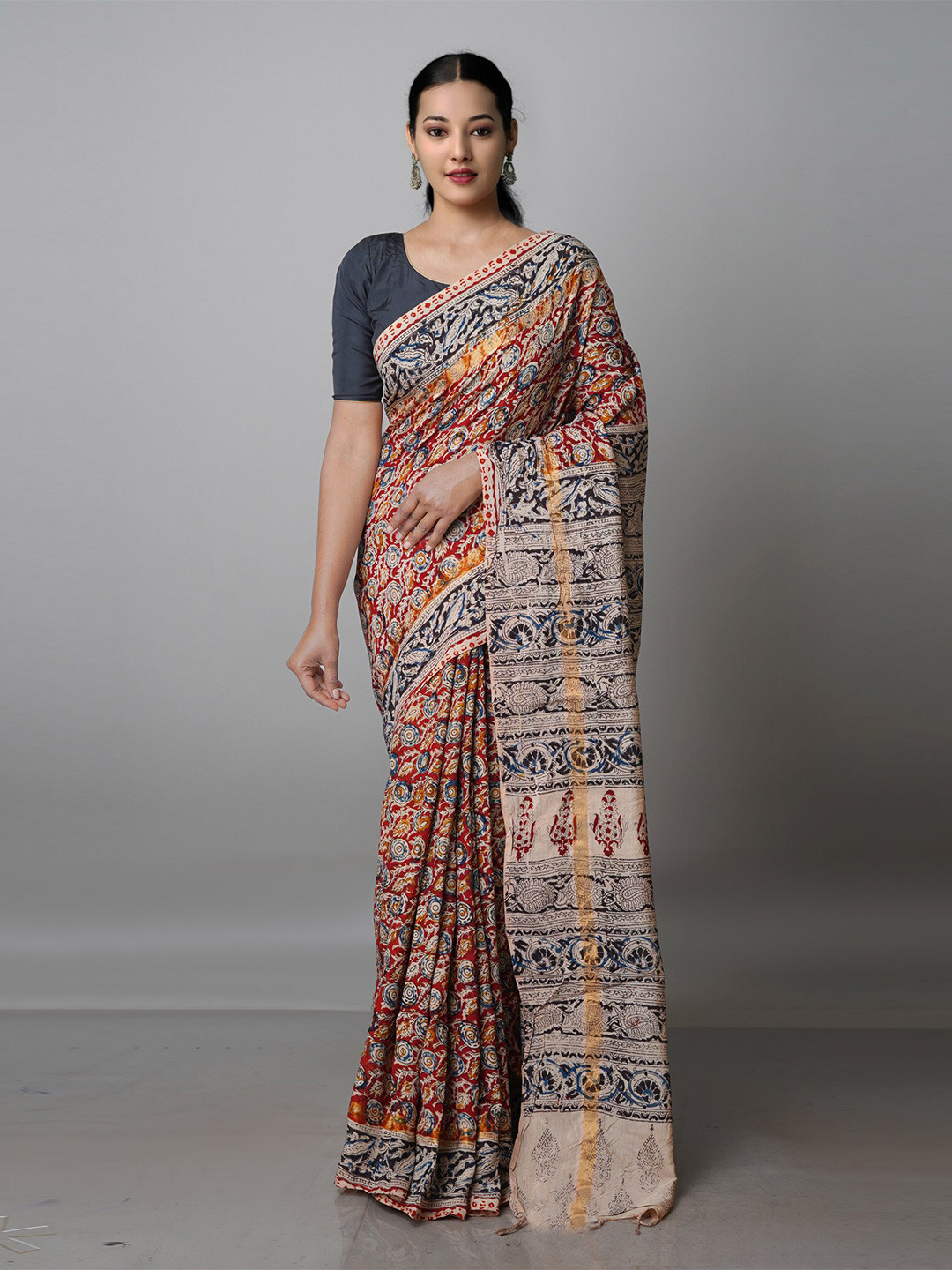 

Unnati Silks Kalamkari Zari Pure Silk Block Print Saree, Cream