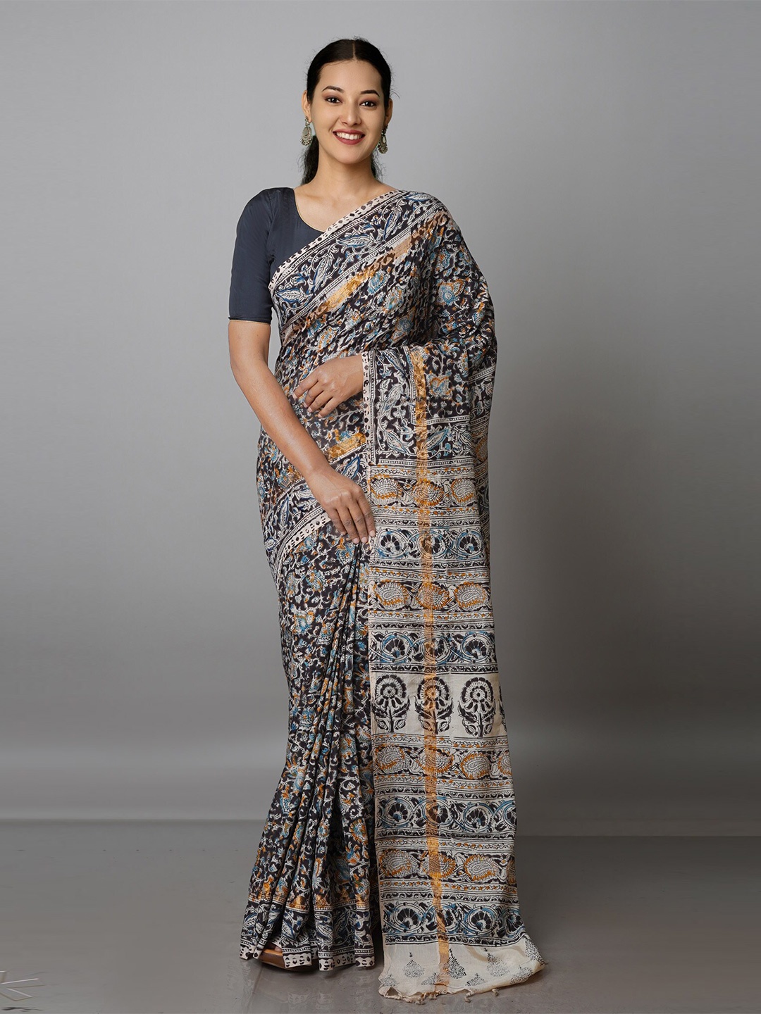 

Unnati Silks Kalamkari Zari Pure Silk Block Print Handloom Saree, Black