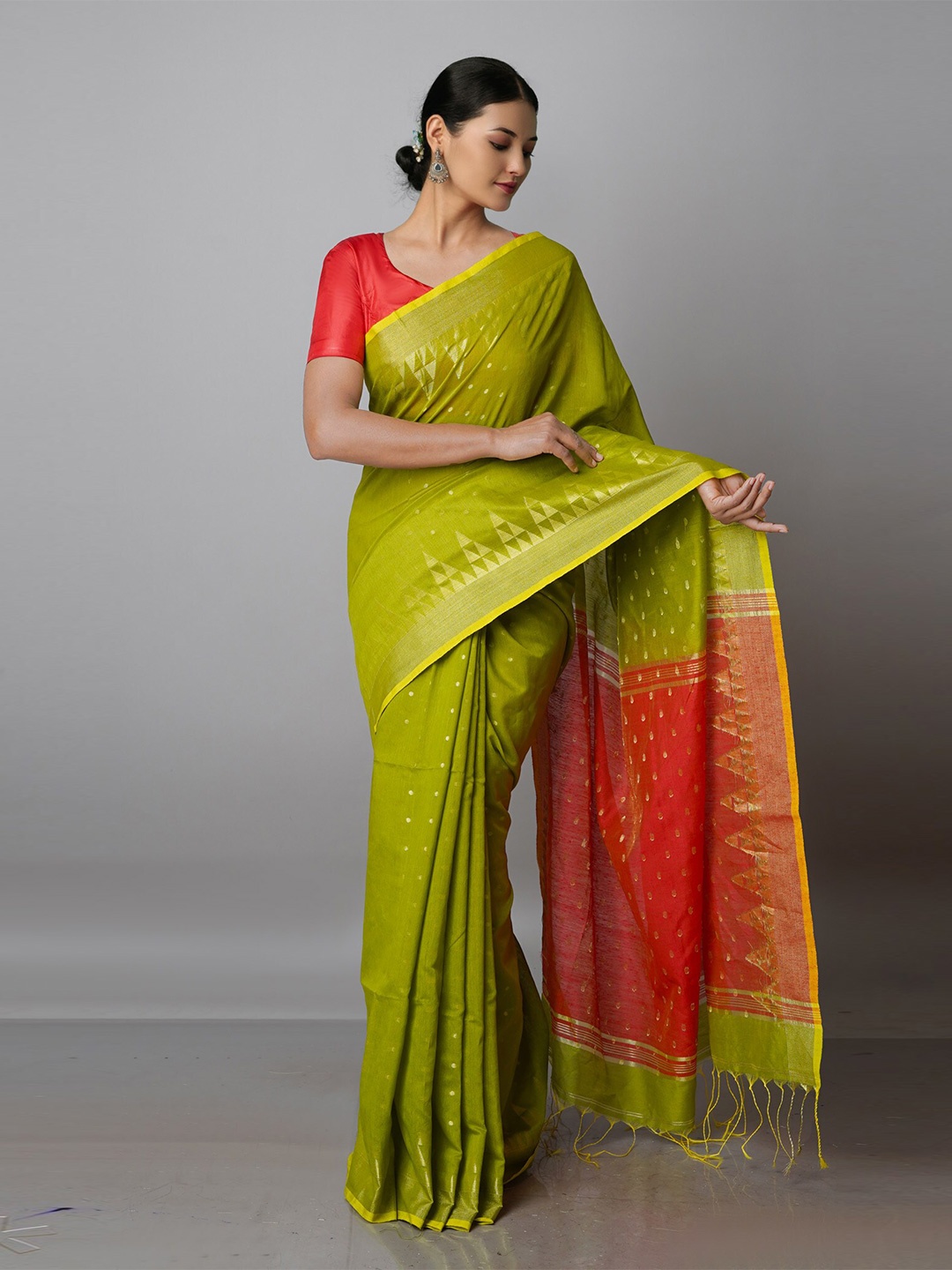 

Unnati Silks Zari Silk Cotton Jamdani Handloom Saree, Green