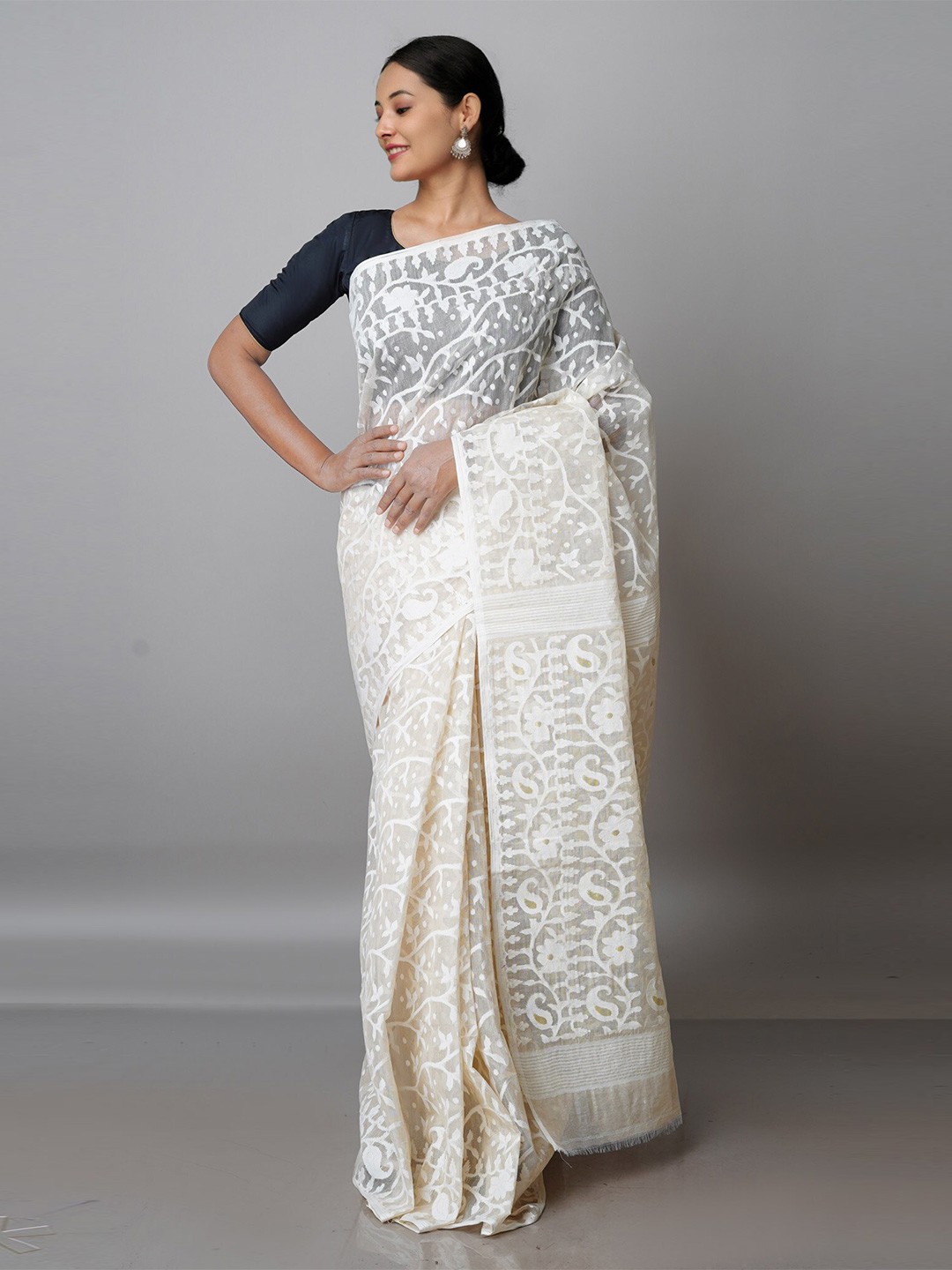 

Unnati Silks Paisley Pure Cotton Jamdani Handloom Saree, Off white