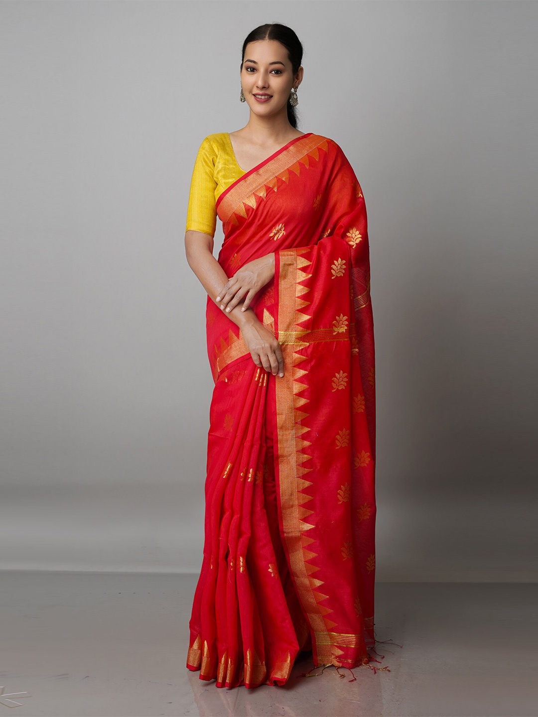 

Unnati Silks Woven Design Zari Silk Cotton Handloom Jamdani Saree, Red