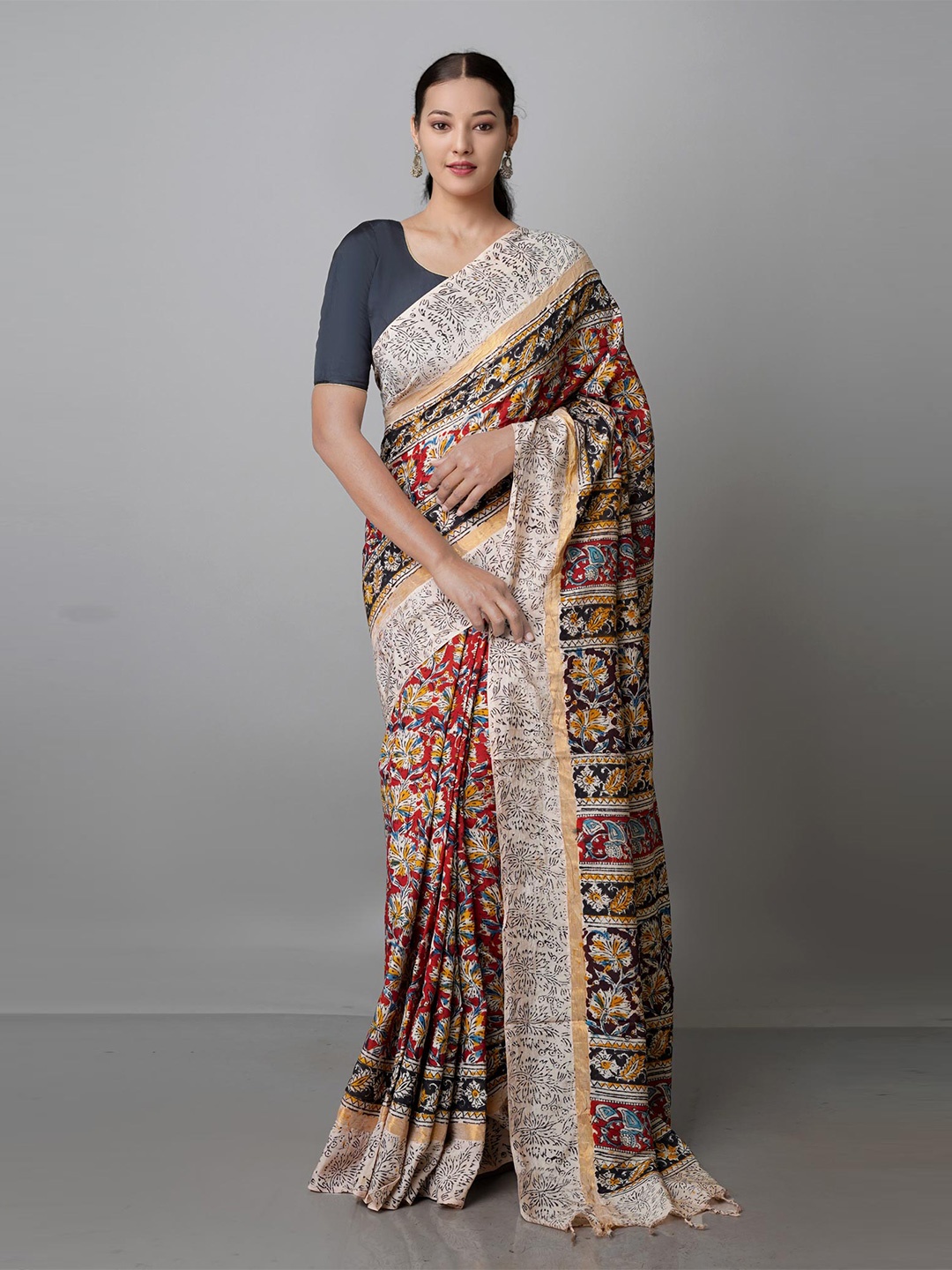 

Unnati Silks Kalamkari Zari Pure Silk Block Print Handloom Saree, Red