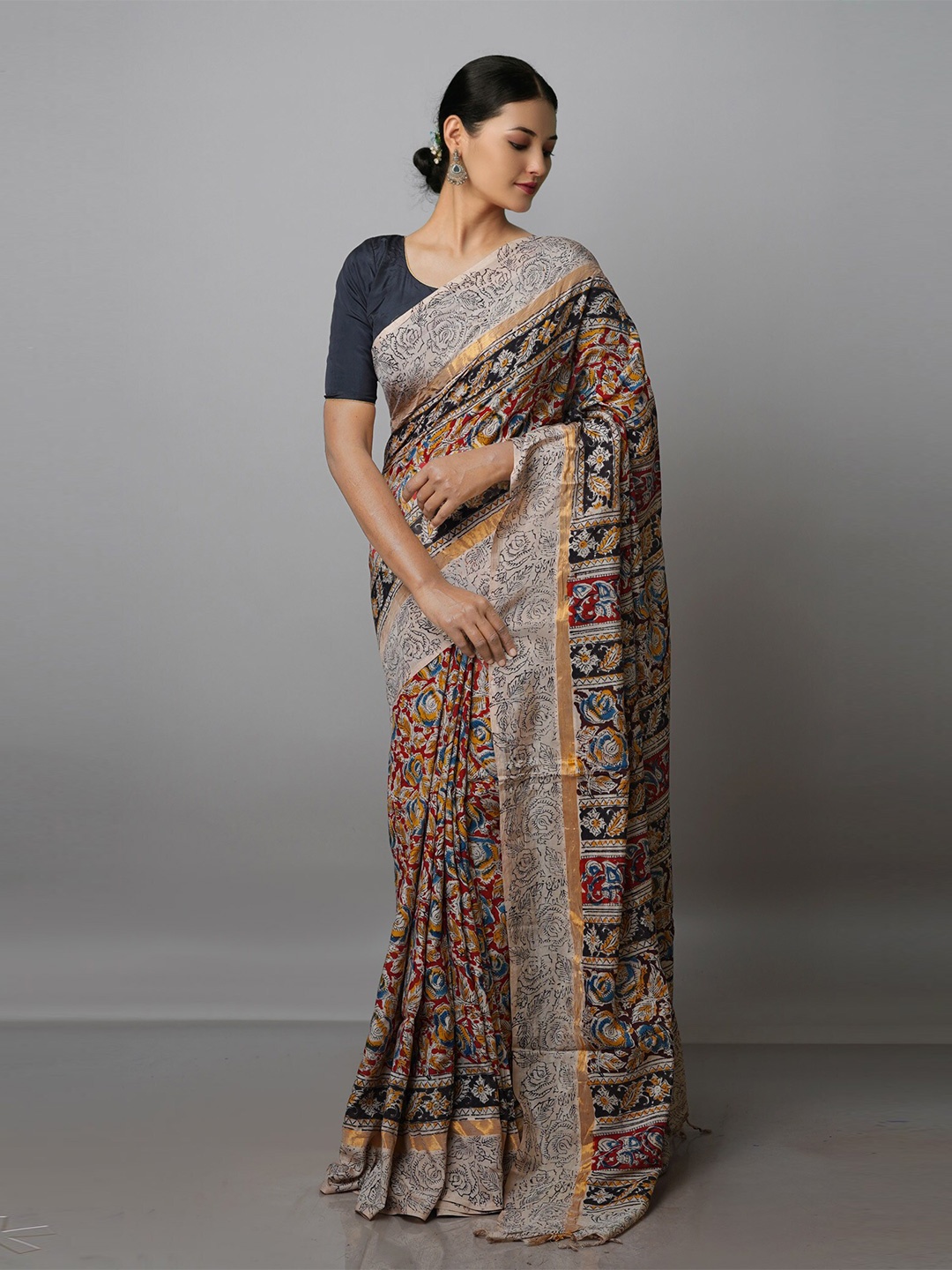 

Unnati Silks Kalamkari Zari Pure Silk Block Print Saree, White