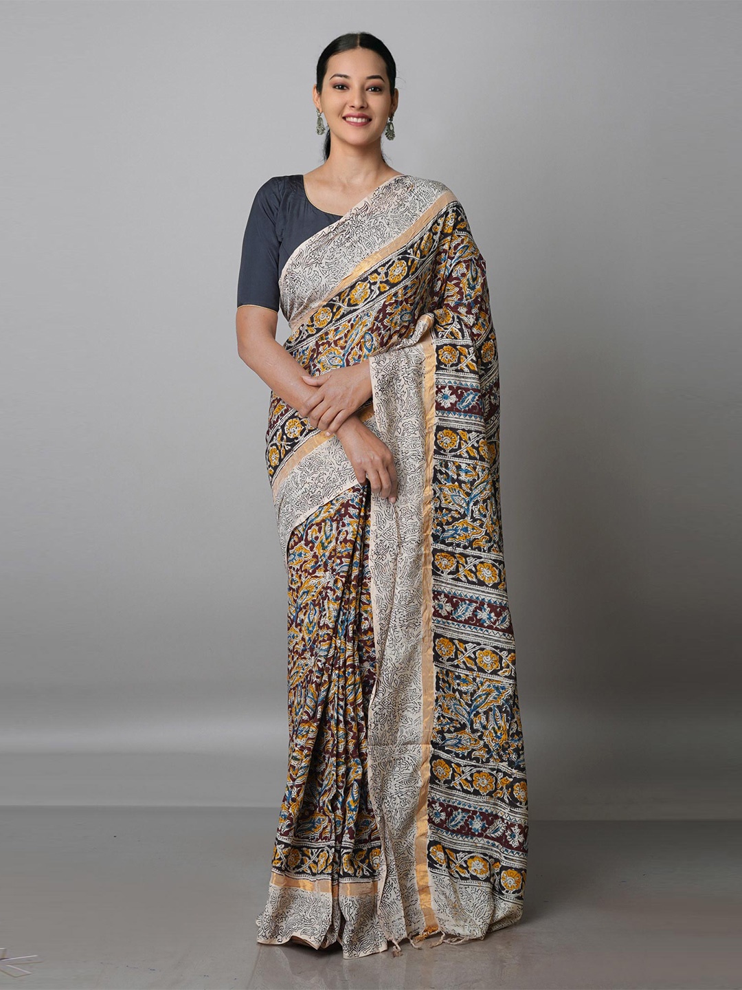 

Unnati Silks Kalamkari Zari Pure Silk Block Print Saree, Grey